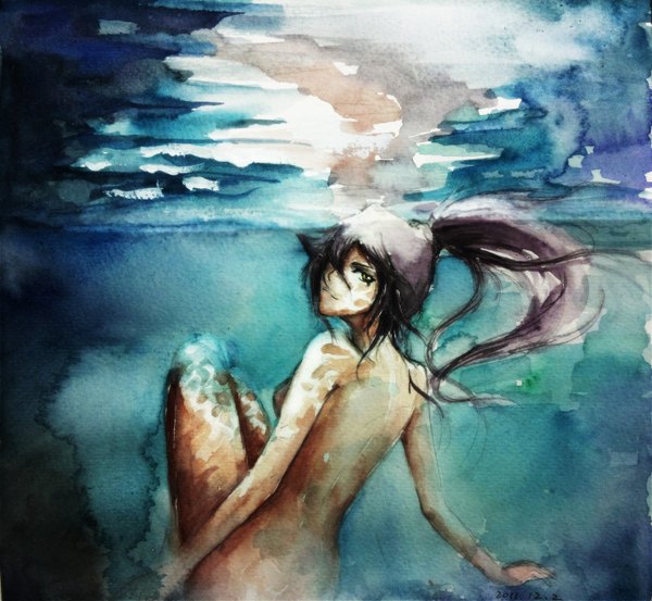 Anime-Bild 2968x2736 mit bleach studio pierrot shihouin yoruichi pixiv id 4396501 single long hair fringe highres breasts light erotic smile yellow eyes purple hair looking back nude underwater girl water