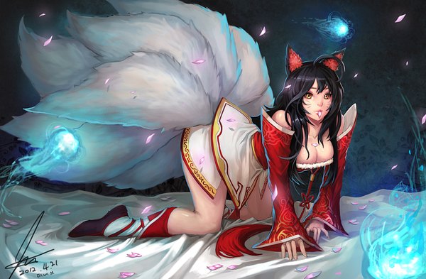 Anime picture 2000x1310 with league of legends ahri (league of legends) nuclear warhead (anti) single long hair fringe highres breasts light erotic black hair bare shoulders animal ears animal tail fox ears facial mark fox tail multiple tails whisker markings girl detached sleeves
