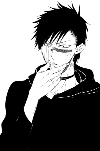 Anime picture 1000x1500 with bleach studio pierrot hisagi shuuhei hachinana 02 single tall image short hair black hair simple background white background finger to mouth looking down monochrome licking face paint finger licking boy tongue hood hoodie