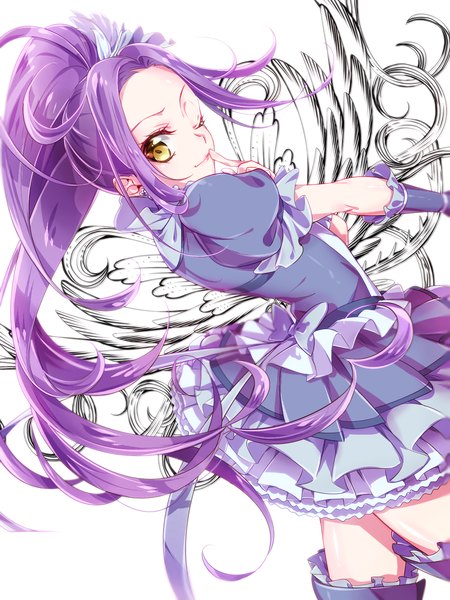 Anime picture 1200x1600 with precure suite precure toei animation seiren (suite precure) cure beat shipu (gassyumaron) single long hair tall image looking at viewer white background yellow eyes purple hair one eye closed wink side ponytail finger to mouth magical girl girl dress