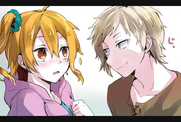 Anime picture 1200x811 with kagerou project shaft (studio) kisaragi momo kano shuuya tomozero blush fringe short hair blonde hair simple background smile hair between eyes brown eyes looking away embarrassed one side up letterboxed eye contact girl boy