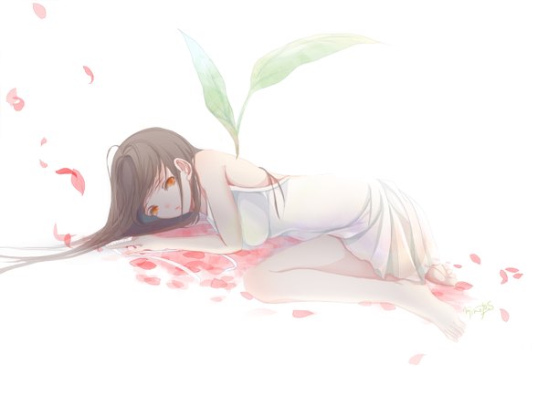 Anime picture 3000x2166 with original mimoto.s single long hair looking at viewer fringe highres breasts simple background brown hair white background barefoot bare legs orange eyes legs bare back girl dress plant (plants) petals