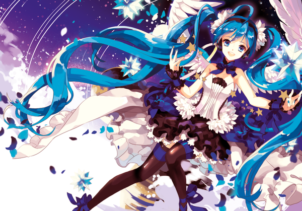 Anime picture 1079x755 with vocaloid hatsune miku platina77 single looking at viewer fringe open mouth blue eyes twintails bare shoulders blue hair cloud (clouds) ahoge bent knee (knees) very long hair nail polish teeth happy angel wings white wings