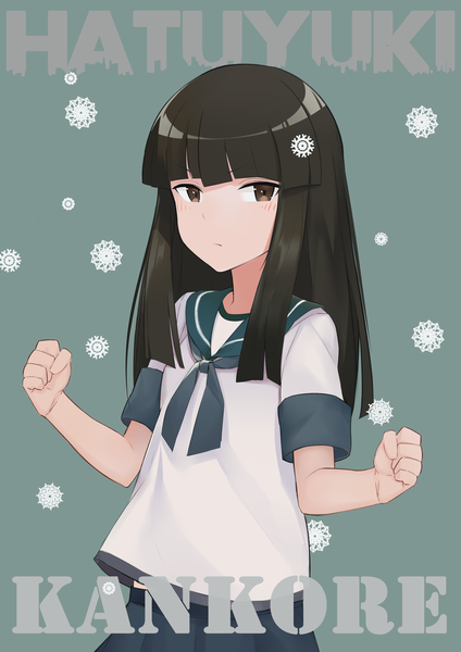 Anime picture 2893x4092 with kantai collection hatsuyuki destroyer yagitome87 single long hair tall image blush fringe highres black hair simple background brown eyes looking away copyright name character names spread arms green background girl uniform serafuku