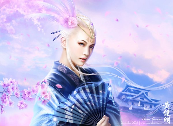 Anime picture 1024x748 with legend of the five rings kakita taminoko mario wibisono (raynkazuya) single long hair looking at viewer blue eyes white hair traditional clothes japanese clothes hair flower lips realistic cherry blossoms hieroglyph girl hair ornament ribbon (ribbons) animal petals
