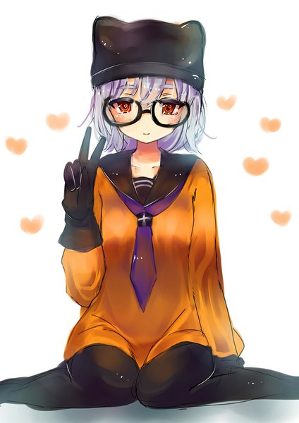 Anime picture 800x1131 with original noda shuha single tall image looking at viewer blush short hair simple background smile white background sitting purple hair victory girl gloves black gloves glasses heart cap sailor suit