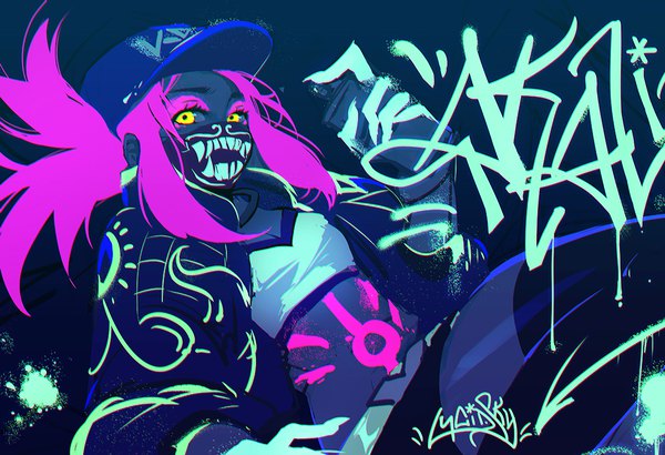 Anime picture 1169x800 with league of legends k/da (league of legends) akali (league of legends) k/da akali lucidsky single long hair looking at viewer sitting bare shoulders holding yellow eyes payot pink hair ponytail open jacket eyeshadow graffiti ultraviolet light girl