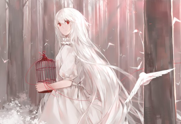 Anime picture 1500x1032 with original cotta single long hair smile red eyes looking away white hair sunlight back girl dress plant (plants) animal tree (trees) white dress bird (birds) forest thread cage
