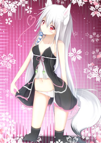 Anime picture 1032x1457 with original masa000010 long hair tall image looking at viewer blush fringe light erotic hair between eyes red eyes animal ears silver hair tail head tilt animal tail shadow fox ears fox tail fox girl floral background