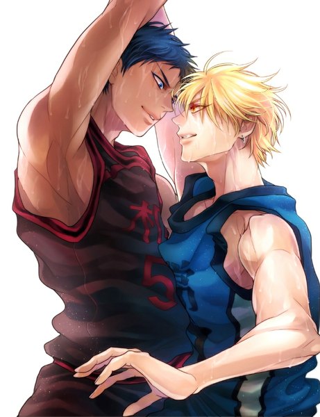 Anime picture 800x1040 with kuroko no basket production i.g kise ryouta aomine daiki yubikitasu2 tall image fringe short hair blue eyes simple background blonde hair white background yellow eyes blue hair profile light smile multiple boys armpit (armpits) sweat dark skin