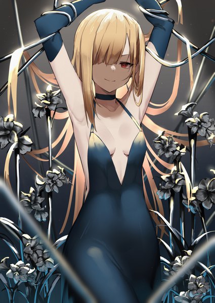 Anime picture 1420x2004 with fate (series) fate/grand order lord el-melloi ii case files reines el-melloi archisorte yuuuuu single long hair tall image looking at viewer fringe breasts light erotic blonde hair smile red eyes standing payot hair over one eye no bra arms up