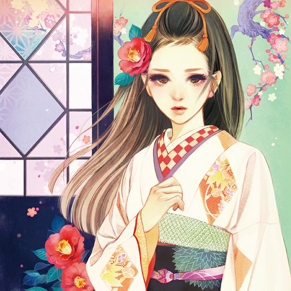 Anime picture 900x900 with original matsuo hiromi single long hair looking at viewer brown hair brown eyes traditional clothes parted lips japanese clothes hair flower realistic lipstick cherry blossoms eyeshadow makeup girl hair ornament flower (flowers) plant (plants)