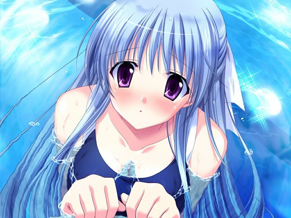 Anime picture 1024x768 with prima stella tagme (character) long hair blue eyes purple eyes game cg girl swimsuit water