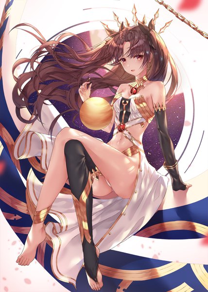 Anime picture 1200x1680 with fate (series) fate/grand order ishtar (fate) momingie single long hair tall image looking at viewer blush fringe breasts open mouth light erotic red eyes brown hair sitting bare shoulders cleavage full body arm support