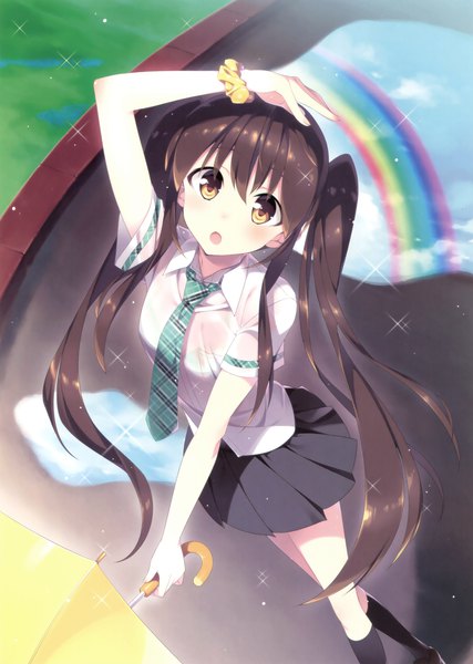 Anime picture 2489x3500 with original ooba kagerou single long hair tall image looking at viewer blush highres open mouth black hair twintails brown eyes scan official art girl skirt miniskirt necktie umbrella rainbow