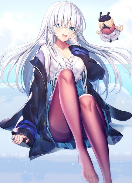 Anime picture 871x1200 with fate (series) fate/grand order anastasia (fate) viy (fate) ririko (zhuoyandesailaer) single long hair tall image looking at viewer blush fringe breasts open mouth blue eyes light erotic smile sitting payot cleavage silver hair