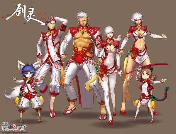 Anime picture 2000x1521 with blade & soul lyn (blade & soul) yukiusagi1983 long hair highres short hair blue eyes simple background brown hair multiple girls brown eyes animal ears blue hair white hair tail animal tail pink eyes pointy ears covered navel chinese clothes