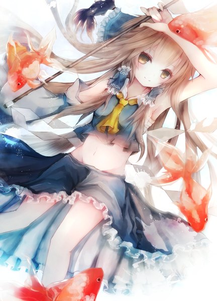 Anime picture 1016x1412 with touhou hakurei reimu basilis9 single long hair tall image looking at viewer blush smile brown hair brown eyes bare belly alternate color girl navel bow hair bow detached sleeves animal fish (fishes)