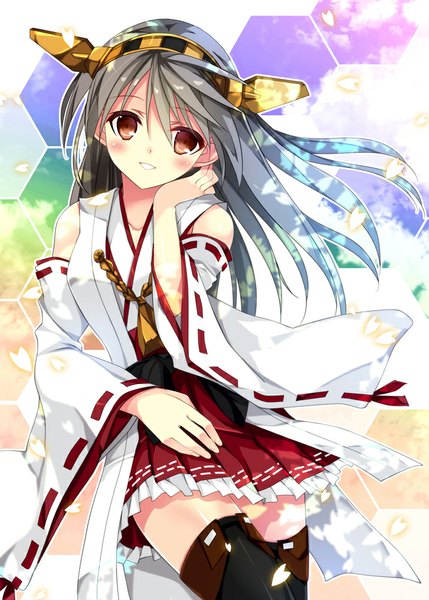 Anime picture 715x1000 with kantai collection haruna battleship kobayashi chisato single long hair tall image looking at viewer blush smile brown eyes traditional clothes japanese clothes grey hair sunlight girl skirt miniskirt petals hairband thigh boots