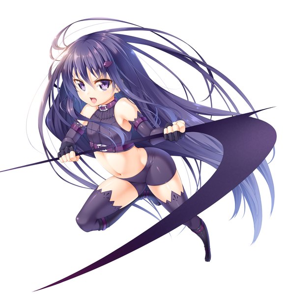 Anime picture 1110x1140 with original ichi makoto single long hair tall image open mouth simple background white background purple eyes purple hair midriff girl thighhighs navel weapon black thighhighs detached sleeves boots fingerless gloves scythe