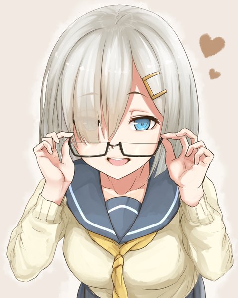 Anime picture 1134x1417 with kantai collection hamakaze destroyer chizuru manjou single tall image looking at viewer fringe short hair open mouth blue eyes simple background silver hair hair over one eye leaning leaning forward adjusting glasses girl hair ornament glasses heart