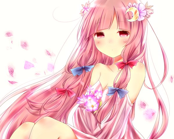 Anime picture 1500x1200 with touhou patchouli knowledge misa (kaeruhitode) single long hair looking at viewer blush purple eyes bare shoulders purple hair crescent girl hair ornament flower (flowers) ribbon (ribbons) hair ribbon petals