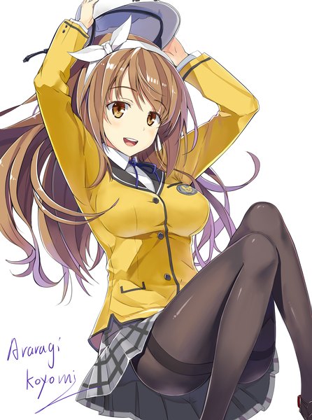 Anime picture 2480x3336 with ideologue! shinmei akane yuuki hagure single long hair tall image looking at viewer highres breasts open mouth light erotic smile brown hair large breasts white background holding brown eyes bent knee (knees) :d pleated skirt