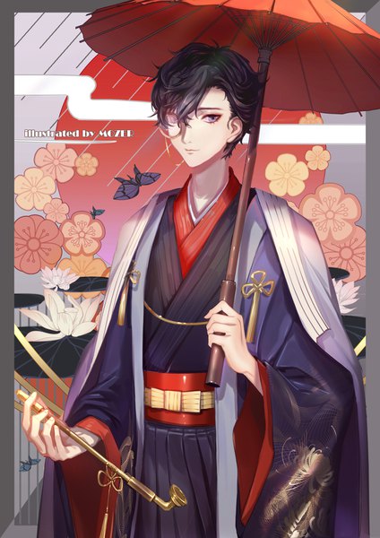 Anime picture 2480x3508 with persona 5 persona amamiya ren mozer (zerlinda) single tall image looking at viewer fringe highres short hair black hair hair between eyes standing holding signed traditional clothes japanese clothes light smile wide sleeves grey eyes