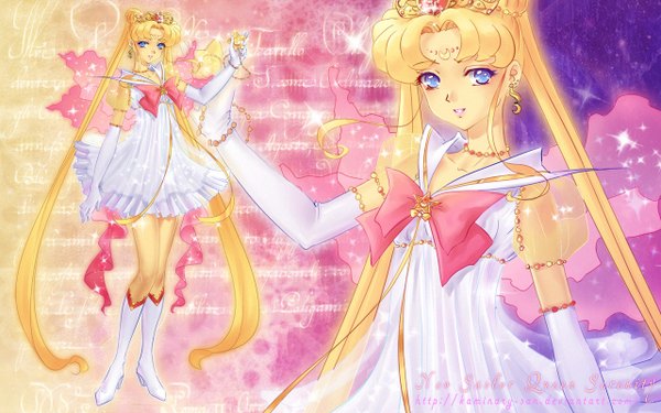 Anime picture 1280x800 with bishoujo senshi sailor moon toei animation tsukino usagi kaminary long hair blue eyes blonde hair wide image twintails zoom layer girl dress gloves hair ornament bow elbow gloves boots jewelry