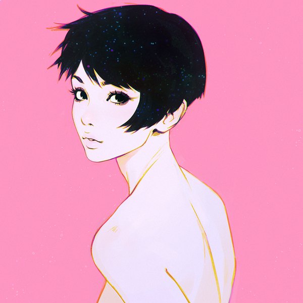 Anime picture 1080x1080 with original ilya kuvshinov single looking at viewer short hair light erotic black hair simple background upper body parted lips looking back nude black eyes portrait pink background eyeshadow girl