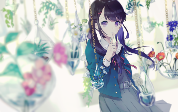 Anime picture 1595x1000 with original kusaka kou single long hair looking at viewer blush fringe black hair standing purple eyes twintails payot parted lips pleated skirt wind blurry open jacket depth of field finger to mouth gradient hair