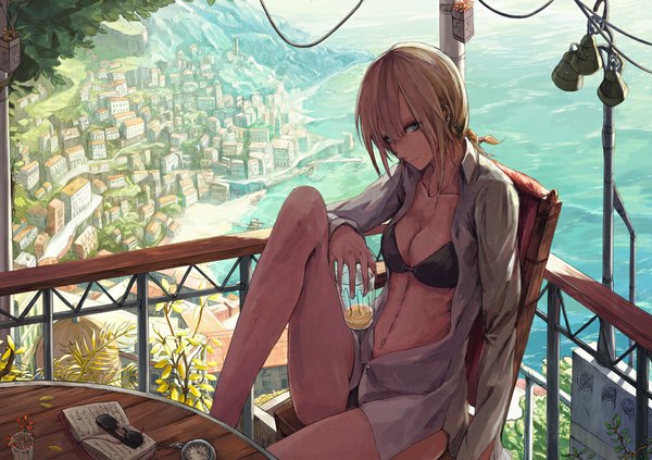 Anime picture 992x701 with original toufustudio single fringe short hair blue eyes light erotic blonde hair smile sitting bent knee (knees) from above sunlight open clothes bare belly open shirt beach piercing city ear piercing