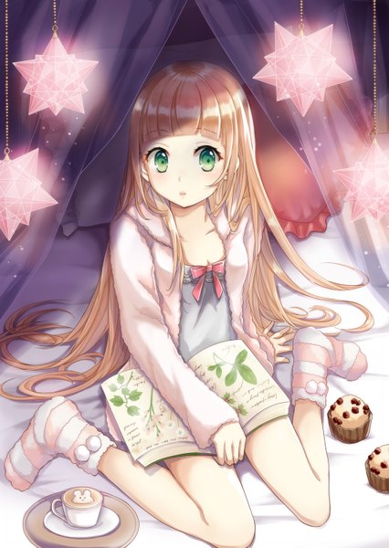 Anime picture 1065x1500 with original cokecoco single tall image blush blonde hair sitting green eyes very long hair wariza surprised girl socks food sweets pillow star (symbol) book (books) bed nightie