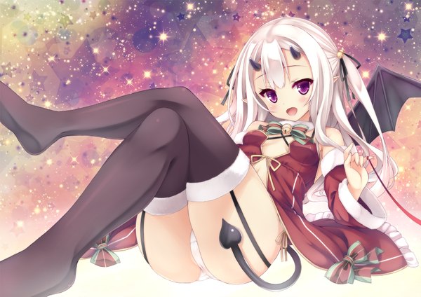 Anime picture 1697x1200 with original ryo (botugo) single long hair looking at viewer blush open mouth light erotic purple eyes white hair tail horn (horns) crossed legs oni horns girl thighhighs dress underwear panties bow