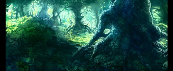 Anime picture 1083x449 with original bakurai (pixiv) wide image nature plant (plants) tree (trees) forest roots