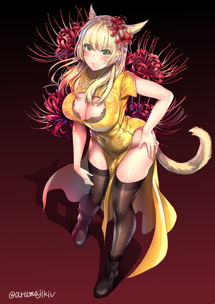 Anime picture 629x890 with final fantasy final fantasy xiv square enix miqo'te aruma jiki single long hair tall image looking at viewer blush fringe breasts light erotic simple background blonde hair smile large breasts green eyes animal ears cleavage