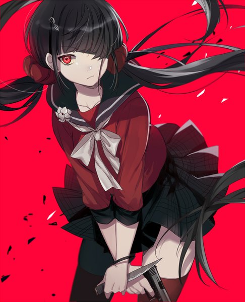 Anime picture 1020x1258 with dangan ronpa new danganronpa v3 harukawa maki ekita xuan single long hair tall image looking at viewer fringe black hair simple background red eyes twintails hair over one eye leaning leaning forward floating hair low twintails red background girl