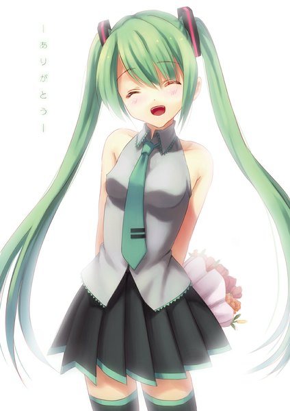 Anime picture 842x1191 with vocaloid hatsune miku xiangtu tall image blush open mouth twintails bare shoulders eyes closed very long hair aqua hair zettai ryouiki thank you girl thighhighs skirt flower (flowers) white thighhighs necktie bouquet