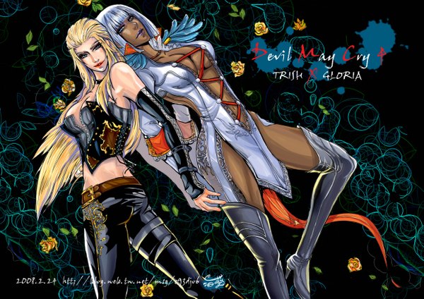 Anime picture 4961x3508 with devil may cry trish gloria long hair highres short hair blue eyes light erotic blonde hair multiple girls absurdres white hair lips inscription girl underwear panties flower (flowers) 2 girls boots