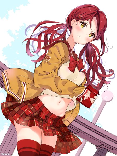 Anime picture 1529x2048 with love live! sunshine!! love live! school idol festival sunrise (studio) love live! sakurauchi riko yamada 328 single long hair tall image looking at viewer blush light erotic white background twintails holding signed yellow eyes outdoors red hair bare belly