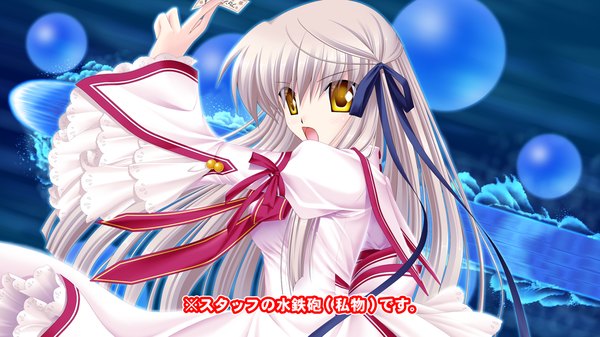 Anime picture 1280x720 with rewrite senri akane long hair open mouth wide image yellow eyes game cg white hair inscription girl uniform ribbon (ribbons) hair ribbon school uniform ofuda