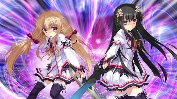 Anime picture 1280x720 with koiken otome kamishiro touko tateha (marvelous grace) long hair black hair blonde hair wide image purple eyes multiple girls yellow eyes game cg lightning girl thighhighs uniform hair ornament bow weapon black thighhighs 2 girls