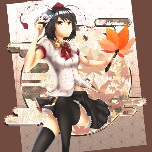 Anime picture 1200x1200 with touhou shameimaru aya infinote short hair black hair red eyes girl thighhighs black thighhighs hat fan camera hauchiwa