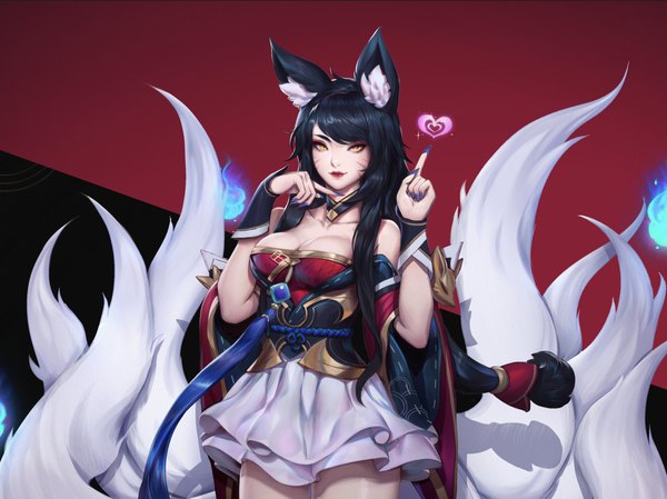 Anime picture 1920x1437 with league of legends ahri (league of legends) paul (shiramune) single long hair looking at viewer highres breasts black hair animal ears yellow eyes payot tail nail polish animal tail lipstick fox ears facial mark fox tail fox girl