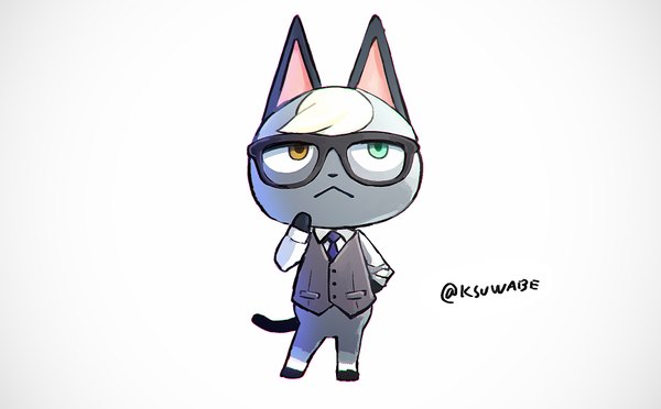 Anime picture 954x591 with animal crossing raymond (animal crossing) k-suwabe single simple background wide image standing white background signed animal ears full body tail animal tail cat ears cat tail hand on hip twitter username heterochromia looking up :<