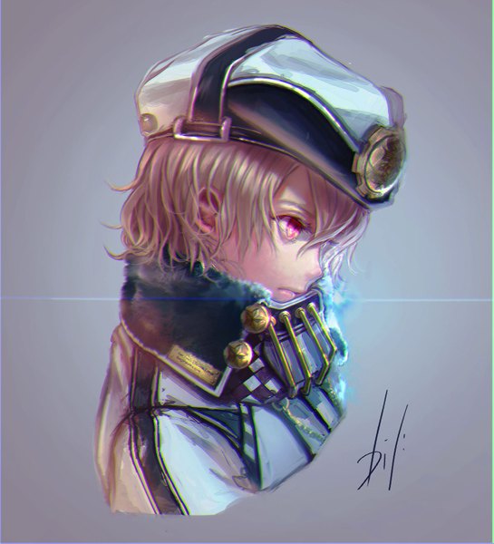 Anime picture 1500x1650 with original si (pixiv) single tall image short hair simple background red eyes brown hair signed looking away profile fur trim boy uniform hat fur
