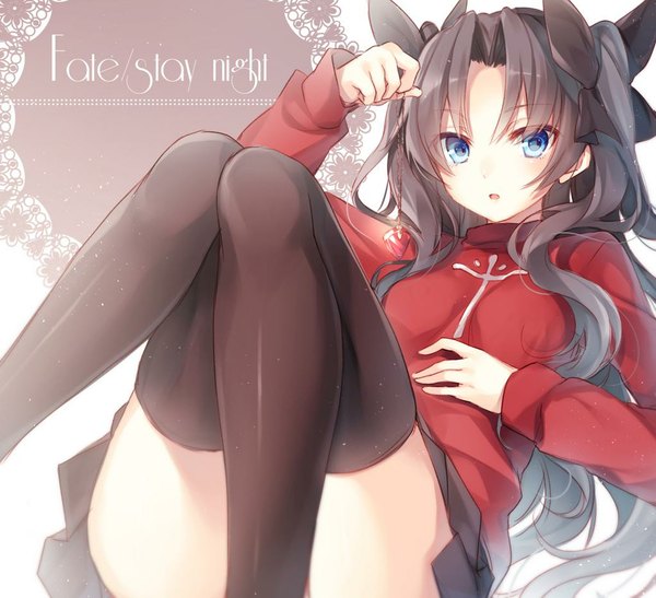 Anime picture 1024x934 with fate (series) fate/stay night type-moon toosaka rin toosaka asagi single long hair looking at viewer blush open mouth blue eyes light erotic black hair twintails copyright name wavy hair reclining knees together feet apart girl thighhighs