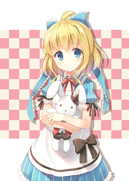 Anime picture 800x1122 with original hyuuga azuri single tall image looking at viewer blush short hair blue eyes blonde hair checkered checkered background girl dress bow hair bow toy stuffed animal stuffed rabbit