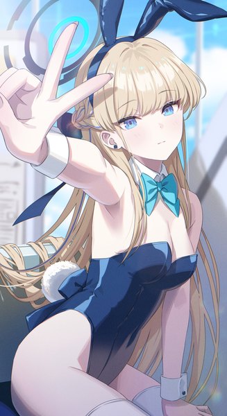 Anime picture 2504x4590 with blue archive toki (blue archive) toki (bunny) (blue archive) momomoi momoi single long hair tall image looking at viewer blush fringe highres breasts blue eyes light erotic blonde hair large breasts sitting bare shoulders animal ears sky