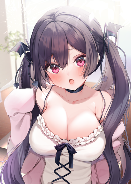 Anime picture 861x1200 with original riasu-chan (ayuma sayu) ayuma sayori single long hair tall image looking at viewer fringe breasts open mouth light erotic black hair hair between eyes large breasts twintails bare shoulders cleavage upper body indoors long sleeves